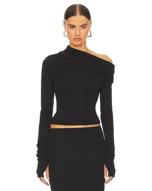 Helsa Black Matte Jersey Drape Shoulder Top