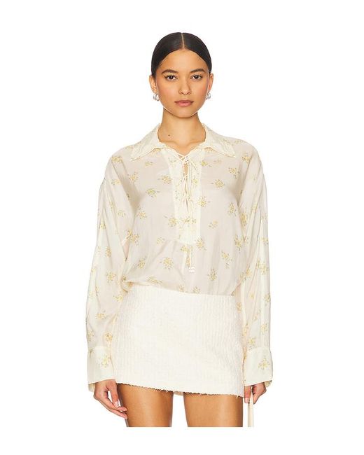 Ganni White X Revolve Printed Viscose Habotai Tie String Shirt