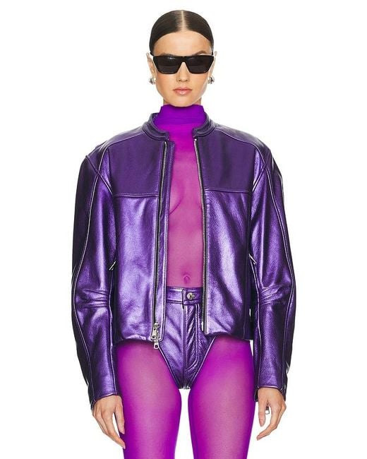 LAQUAN SMITH Purple Leather Bomber Jacket