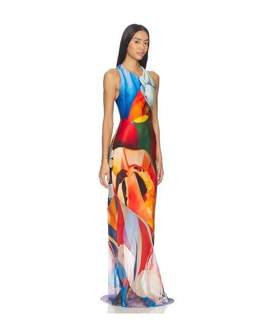 Donde Esteban Orange Salpicon Long Silk Dress