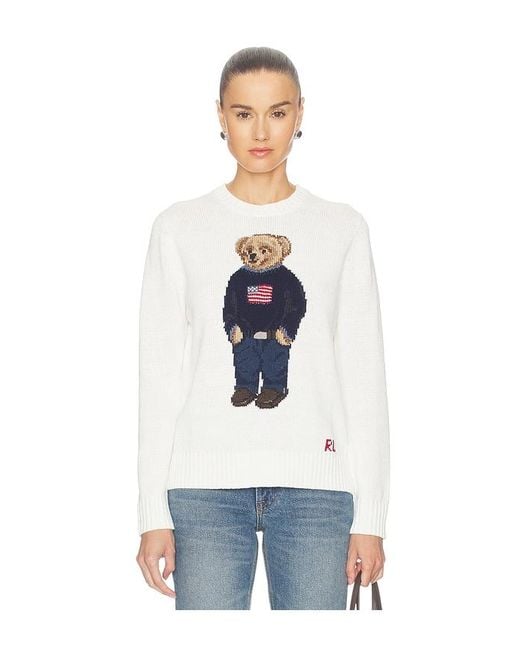 Polo Ralph Lauren White Linen Bear Sweater Long Sleeve Pullover