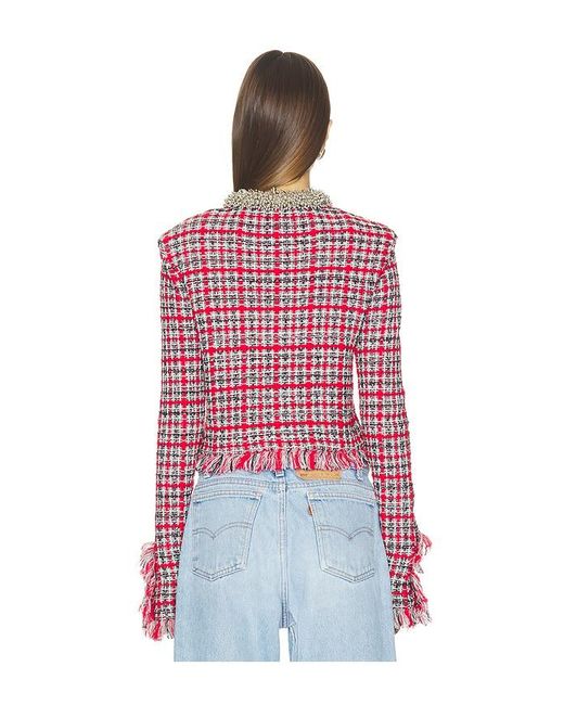 Self-Portrait Red Check Frayed Knit Jacket