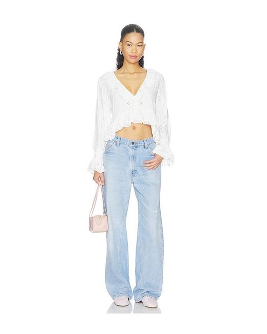 Alice + Olivia White Skye Lace Applique V Neck Ruffle Cropped Blouse