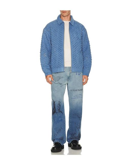 Pas Une Marque Blue Sketch Print Denim Pants for men