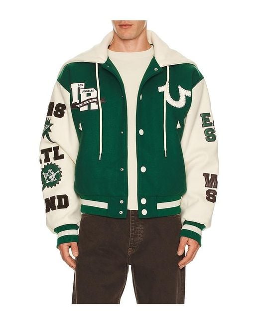 True Religion Green Retro Wool Varsity Jacket for men