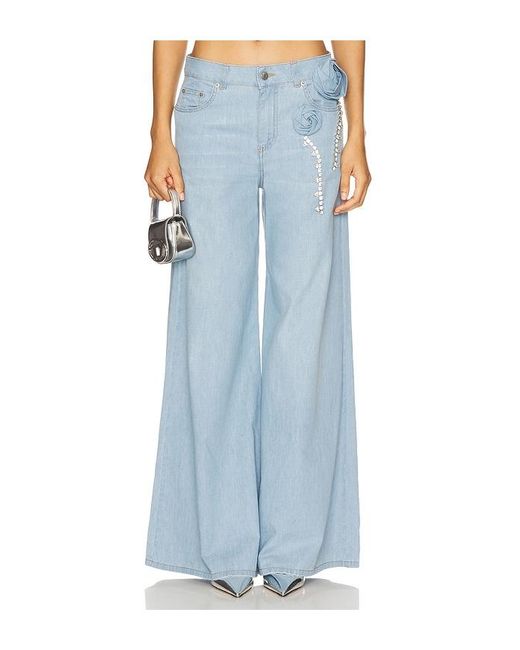 Area Blue Crystal Rosette Wide Leg Jeans