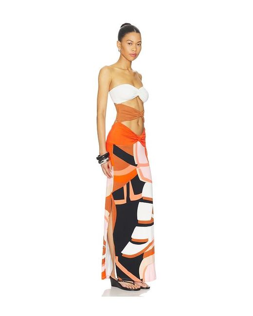 Indah Orange Charlie Printed Maxi Dress With Solid Bandeau Panels