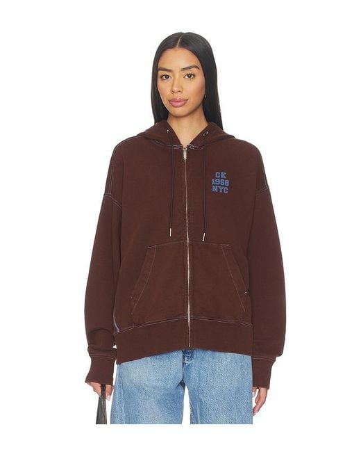 Calvin Klein Brown Washed Premium Vintage Logo Zip Hoodie