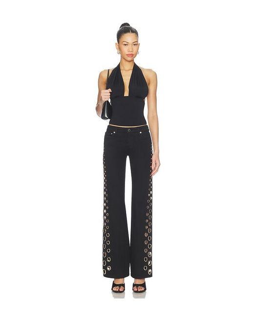 Alice + Olivia Black Roxie Low Rise Straight Flare Full Length Jean With Grommets