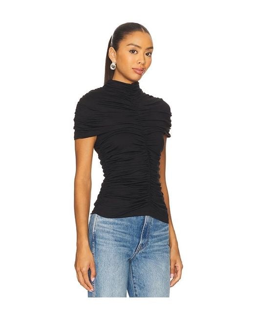 Susana Monaco Blue Mock Neck Overlay Gathered Top