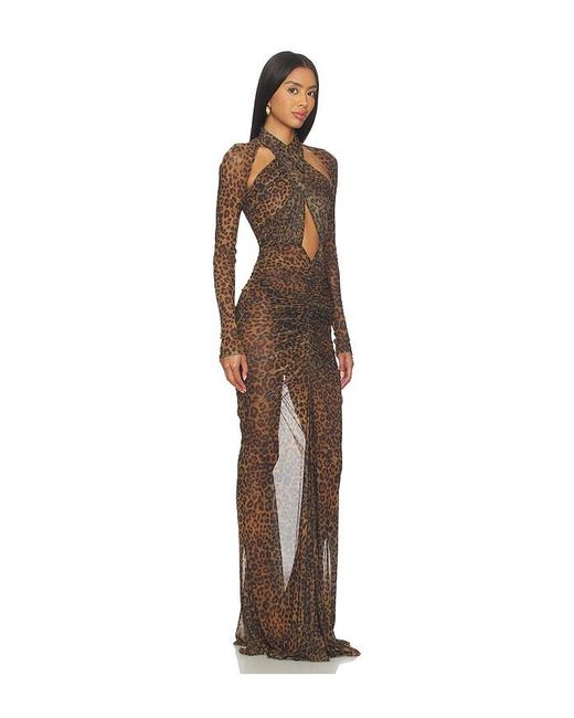 LAPOINTE Natural Printed Mesh Halter Ruched Gown
