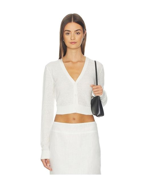 Enza Costa White Linen Open Knit Cropped V-Neck Cardigan