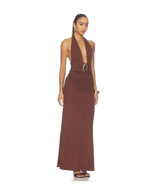 Runaway the Label Brown Arina Halter V-Neck Maxi Dress