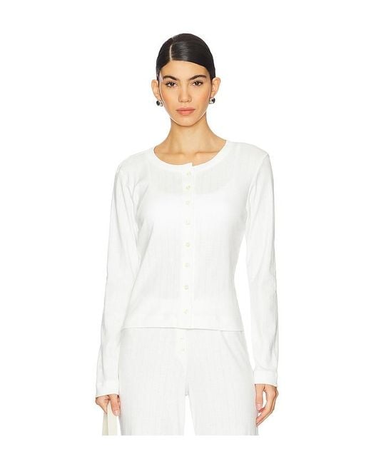 Leset White Pointelle Classic Crew Cardigan