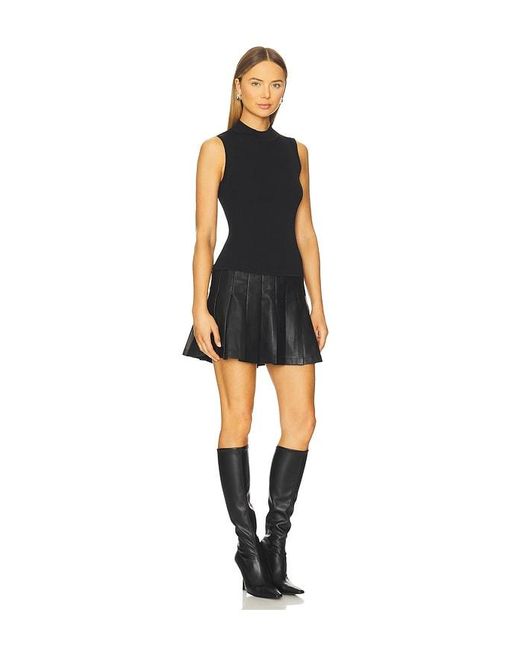 MILLY Black Leather Pleated Skirt Knit Dress