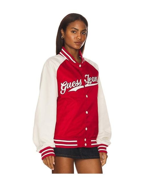 Guess Red Raglan Patch Bomber Jacket