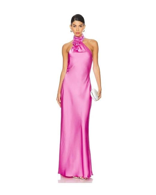 Misha Pink Teresa Rosette Detail Satin Gown