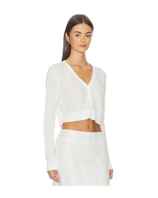 Enza Costa White Linen Open Knit Cropped V-Neck Cardigan