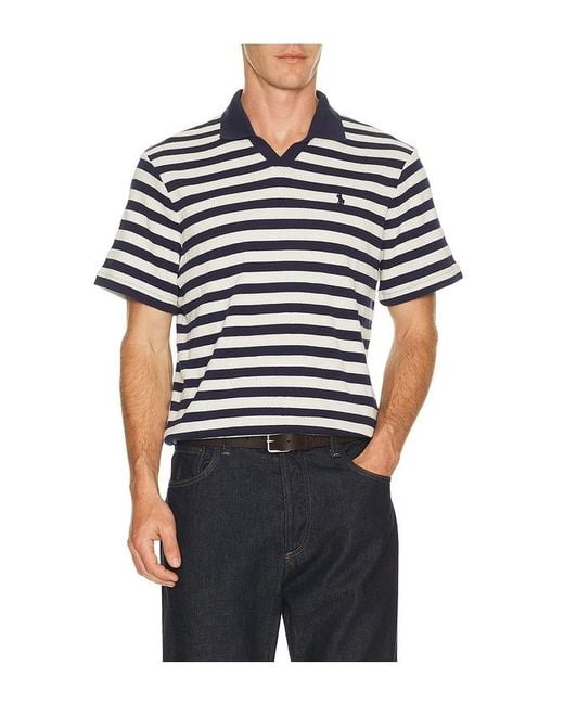 Polo Ralph Lauren Black Short Sleeve Cotton Club Stripe Textured Fully Fashioned Johnny Collar Polo for men