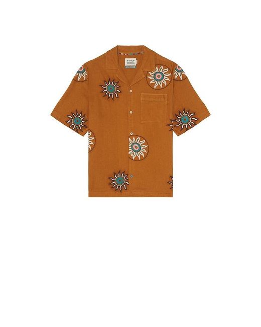 Scotch & Soda Orange Embroidered Linen Relaxed Fit Short Sleeve Shirt for men