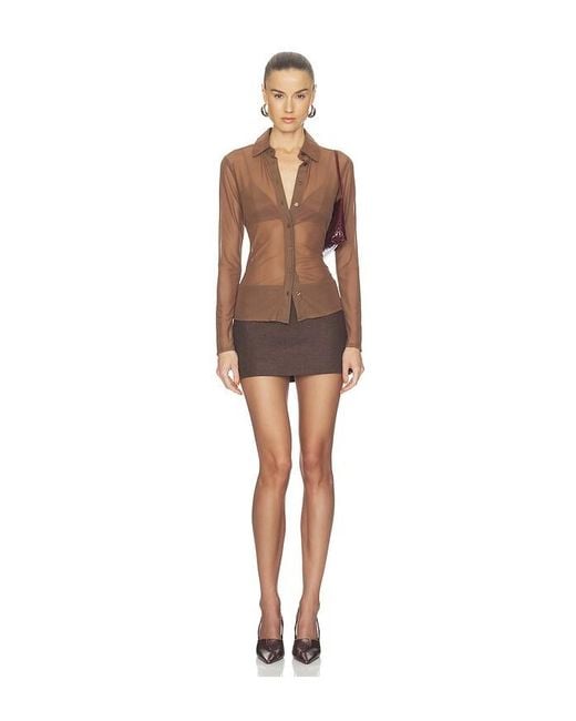 GOOD AMERICAN Brown Mesh Button Up Top