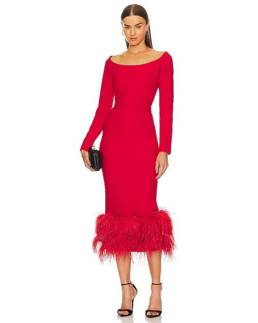 Rasario Red Feather Midi Dress