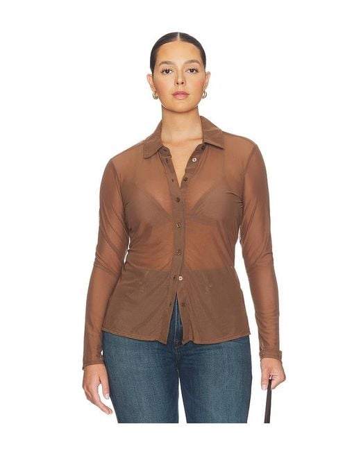 GOOD AMERICAN Brown Mesh Button Up Top