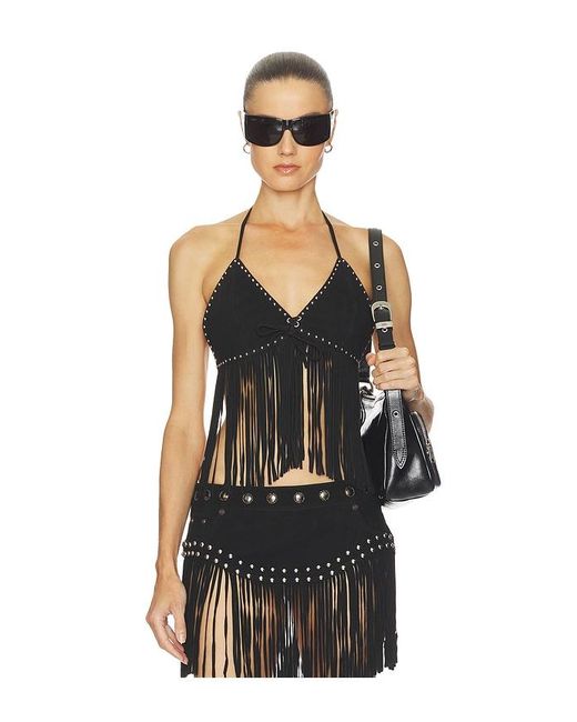 One Teaspoon Black Rebel Rider Fringed Studded Suede Cami Top