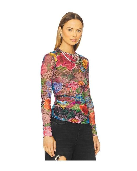 Area Red Crystal Embellished Printed Tulle Long Sleeve Top