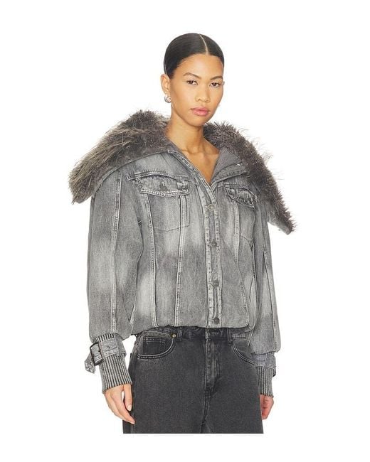 Jaded London Gray Alloy Denim Bomber Jacket With Faux Fur Collar