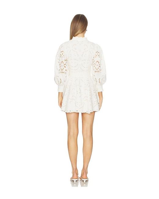 Alice + Olivia White Lucy Embroidered Longsleeve Mini Shirt Dress With Tie Belt