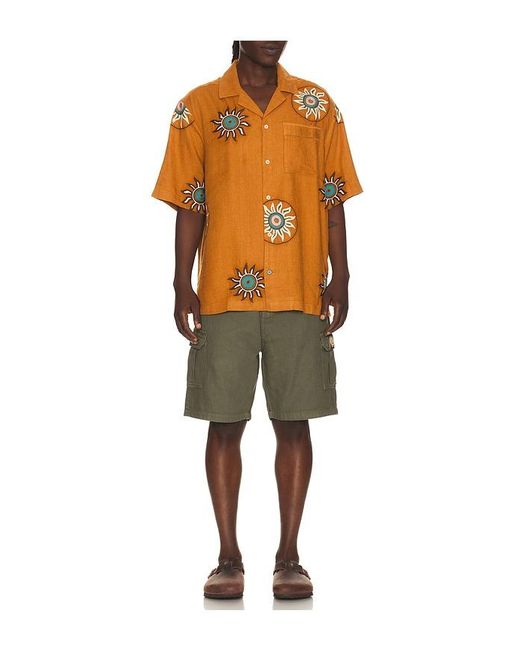 Scotch & Soda Orange Embroidered Linen Relaxed Fit Short Sleeve Shirt for men