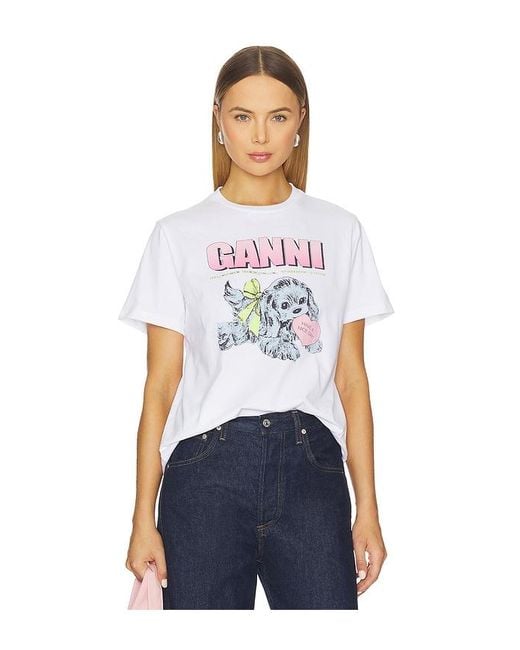 Ganni White Basic Cotton Jersey Neon Puppy T-Shirt