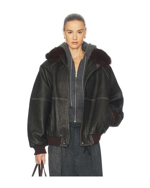Helsa Black The Oversized Leather Bomber With Faux Fur Collar