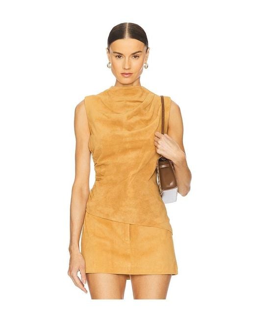 AEXAE Orange Leather Suede Ruched Top