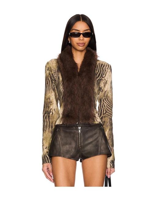 Jaded London Brown Printed Knit Cardigan With Faux Fur Trim