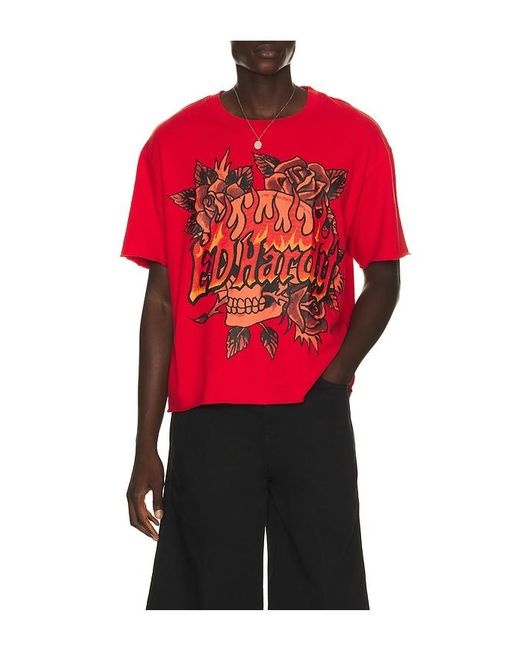 Ed Hardy Red Skull Roses Boxy Cropped Tee for men