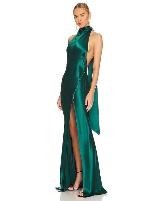 SAU LEE Green Penelope Satin Halter Gown