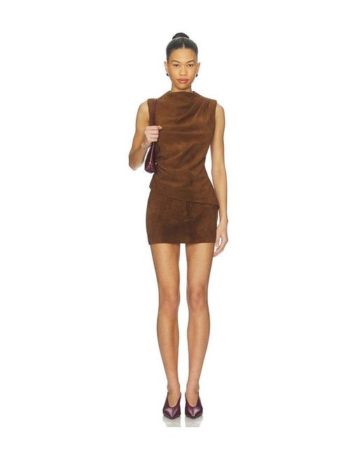 AEXAE Brown X Revolve Leather Suede Ruched Top