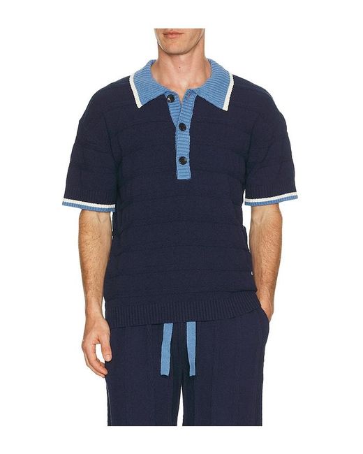 Scotch & Soda Blue Structured Knitted Loose Fit Polo for men