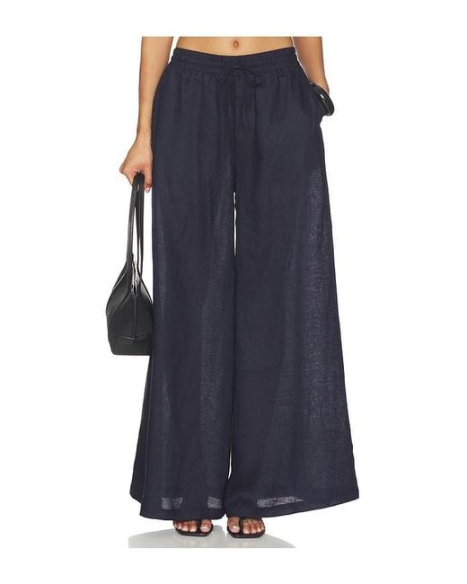 Susana Monaco Blue Solid Linen Wide Leg Elastic Pant