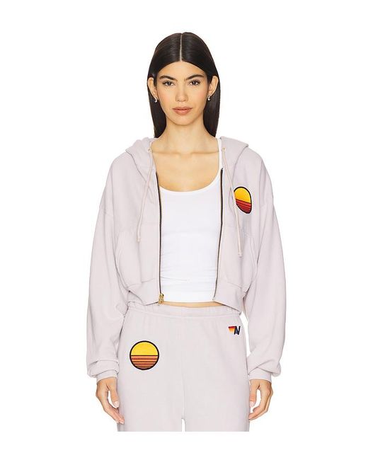 Aviator Nation White Sunset Patch Cropped Zip Relaxed Hoodie