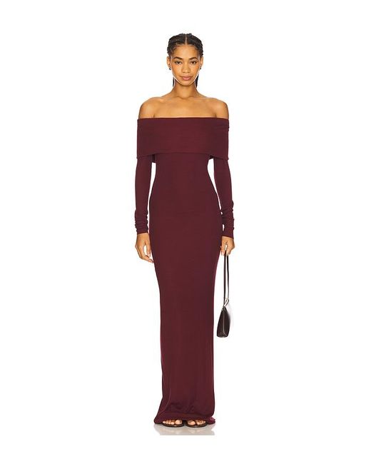 ÉTERNE Red Long Sleeve Off-Shoulder Butter Rib Maxi Dress