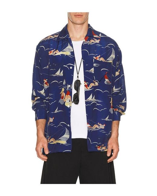 Beams Plus Blue Open Collar Cupro Print for men