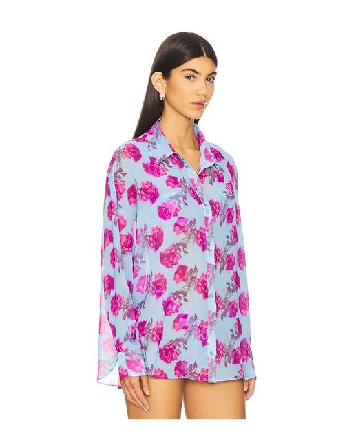 For Love & Lemons Blue Kurzarmbluse Mit Knopfverschluss Floral Stems