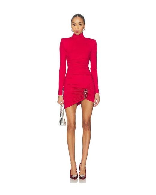 Area Red Draped Long Sleeve Mini Dress