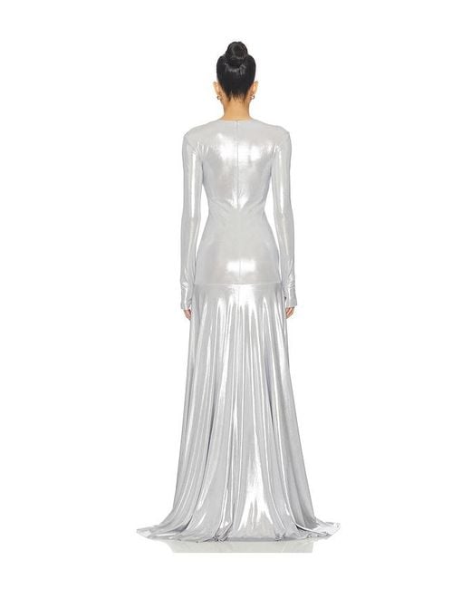 Norma Kamali White Long Sleeve V Neck Shirred Front Flared Gown