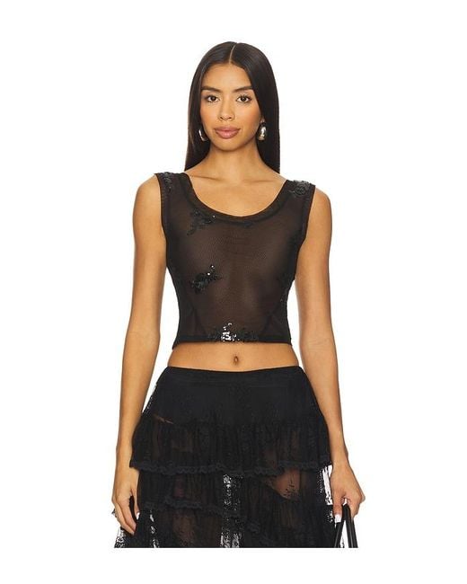 YUHAN WANG Black Floral Sequin Mesh Top