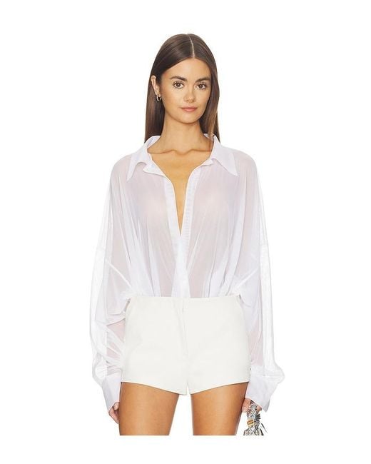 Norma Kamali White Super Oversized Boyfriend Shirt Bodysuit