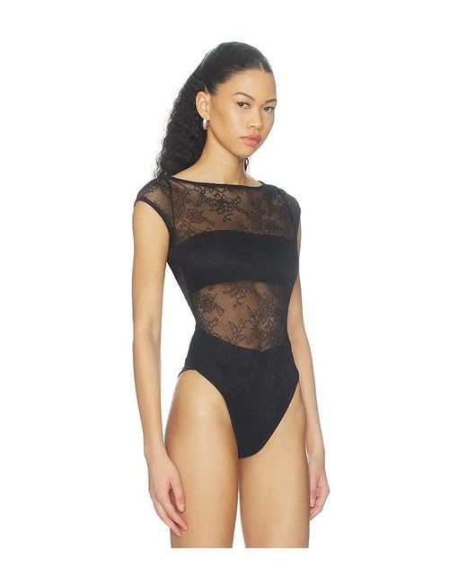 Runaway the Label Black Opaline Boat Neck Lace Bodysuit